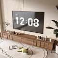 Stylish Modern Wooden TV Stand With Decor Items And Green Plants In Living Room