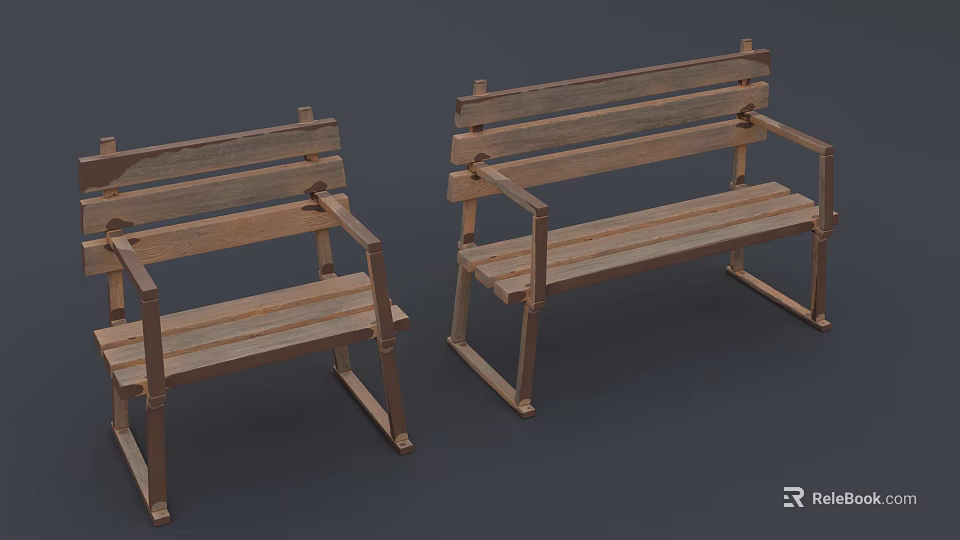 Two Wooden Public Benches with Armrests and Slatted Seats for Outdoor Spaces 3d model 