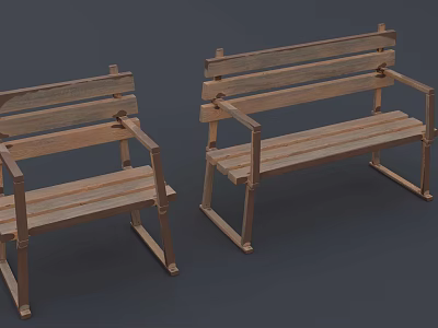 Two Wooden Public Benches with Armrests and Slatted Seats for Outdoor Spaces 3d model