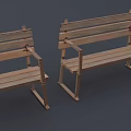 Two Wooden Public Benches with Armrests and Slatted Seats for Outdoor Spaces