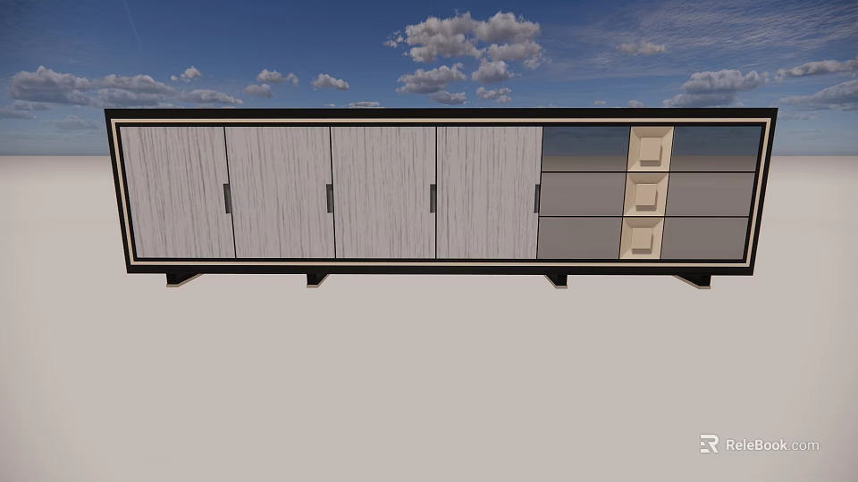 Modern TV Cabinet With Light Wood Doors Gray Drawers And Black Legs 3d model 