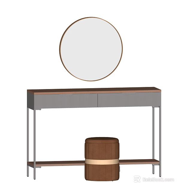 Modern Dressing Table With Round Mirror Drawers And Wooden Stool On Metal Frame 3d model 