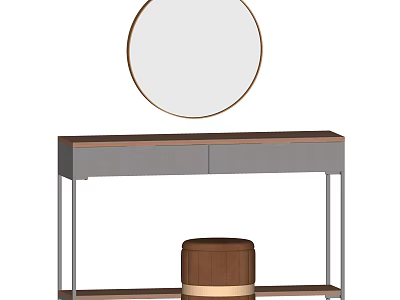 Modern Dressing Table With Round Mirror Drawers And Wooden Stool On Metal Frame 3d model