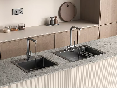 Double Bowl Kitchen Sink With Modern Faucet On Gray Granite Countertop And Light Wood Cabinets 3d model