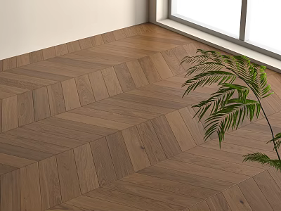 Herringbone Pattern Wooden Floor in Bright Room with Natural Light and Green Plant 3d model