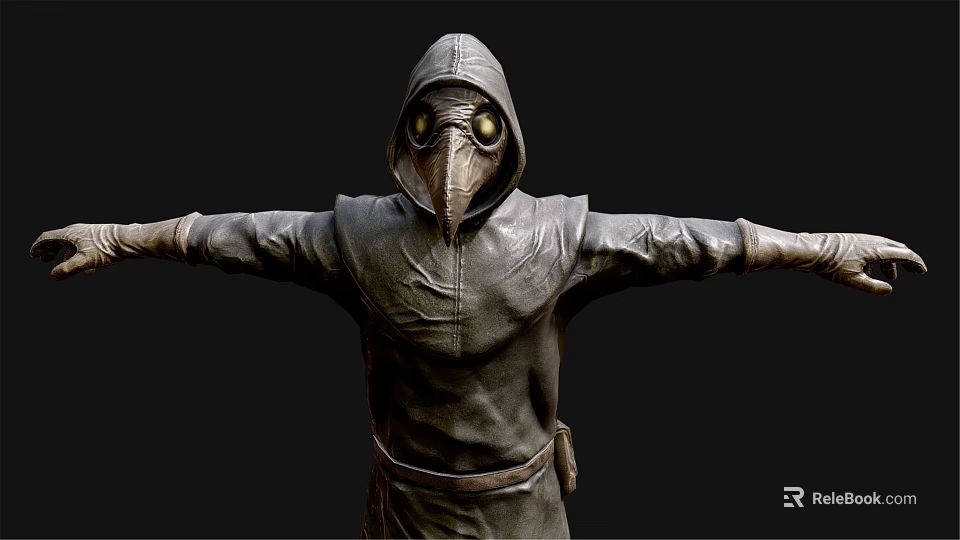 Hooded Character In Robe With Raven Beak Mask And Glowing Eyes Arms Outstretched 3d model 