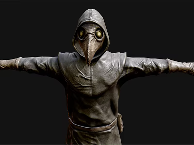 Hooded Character In Robe With Raven Beak Mask And Glowing Eyes Arms Outstretched 3d model