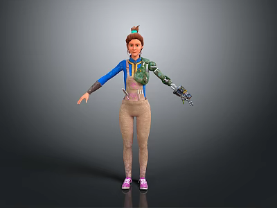 Animated Female Character With Mechanical Arm Blue Top Beige Pants Pink Shoes And Decorative Headpiece 3d model