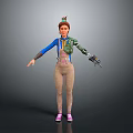 Animated Female Character With Mechanical Arm Blue Top Beige Pants Pink Shoes And Decorative Headpiece