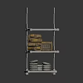 Multi Tiered Metal Storage Rack With Wooden Boxes And Stacked Plates