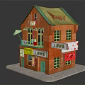 Cute Cartoon House Model with Orange Exterior Green Roof Balcony Furniture and Colorful Signs