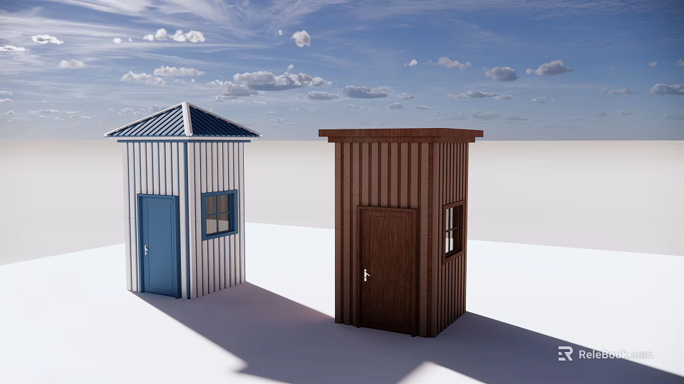 Blue And White Striped Shed With Brown Wooden Small Building Under Cloudy Sky 3d model 