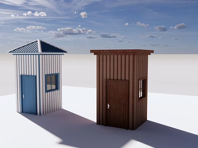 Blue And White Striped Shed With Brown Wooden Small Building Under Cloudy Sky 3d model