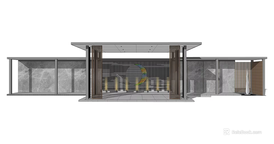 Modern Landscape Pavilion With Stone Walls Glass Panels And Columns Design 3d model 