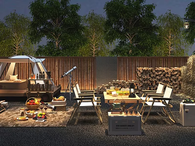 Scenic Camping Site With Camper Van Outdoor Seating Fire Pit Food And Trees 3d model
