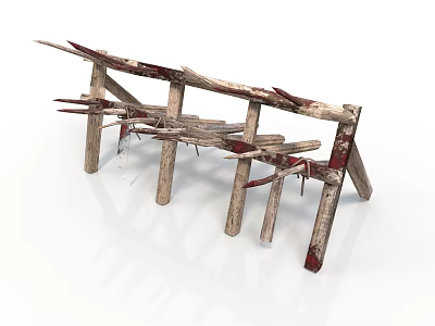 Weathered Rustic Wooden Structure With Crossed Planks And Red Accents 3d model