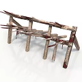 Weathered Rustic Wooden Structure With Crossed Planks And Red Accents