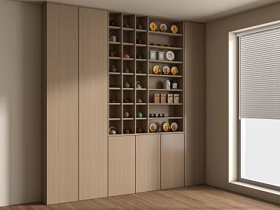 Wooden Cabinet with Shelves Displaying Tea Sets and Decor in Bright Room with Window Blinds 3d model