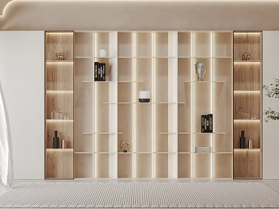 Elegant Modern Wooden Floor-to-ceiling Bookcase With Open Shelves Lighting And Decorative Items 3d model