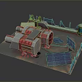 3D Rendered Computer Equipment Scene With Large Red Silver Machine Solar Panels And Monitors