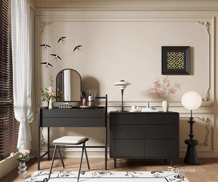 Elegant Modern Dressing Table with Mirror Lamp Flower Vase and Framed Art Decor 3d model 