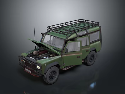 Vintage Green Off Road Vehicle With Open Hood And Roof Rack Design 3d model