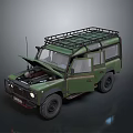 Vintage Green Off Road Vehicle With Open Hood And Roof Rack Design