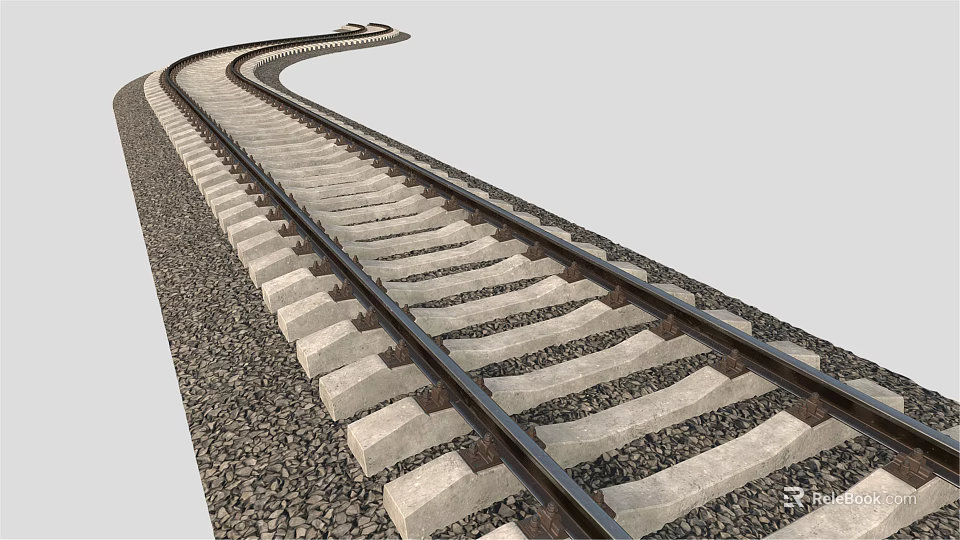 Curved Railway Track With Concrete Sleepers And Gravel Bed Extending Into Distance 3d model 