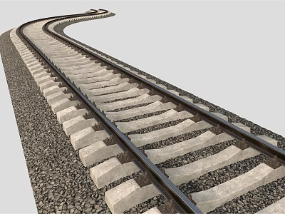 Curved Railway Track With Concrete Sleepers And Gravel Bed Extending Into Distance 3d model