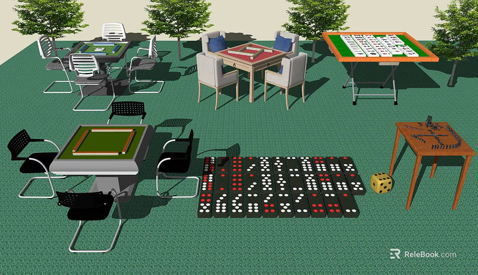 Variety of Entertainment Tables with Mahjong Poker Sets Chairs and Dice 3d model 