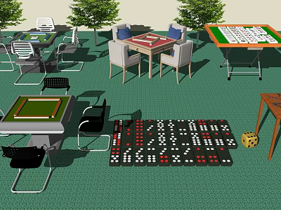 Variety of Entertainment Tables with Mahjong Poker Sets Chairs and Dice 3d model