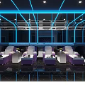 Modern KTV Interior Design With Blue Neon Lights And Purple Sofa Seats