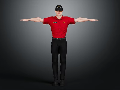 A Man In Red Shirt And Black Cap Stretching Arms Wide Against Gray Background 3d model