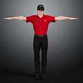 A Man In Red Shirt And Black Cap Stretching Arms Wide Against Gray Background