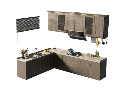 Modern Kitchen Interior With L Shaped Cabinets Stone Countertop Sink And Glass Door Wall Units 3d model
