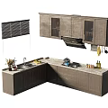 Modern Kitchen Interior With L Shaped Cabinets Stone Countertop Sink And Glass Door Wall Units