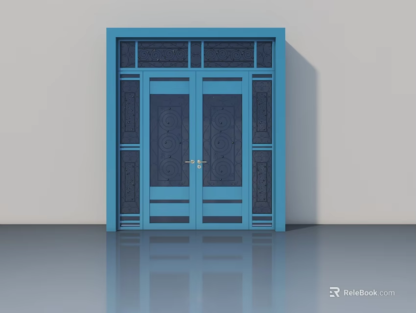Blue Double Swing Door With Decorative Patterns And Shiny Floor Reflection 3d model 