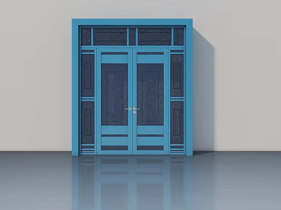 Blue Double Swing Door With Decorative Patterns And Shiny Floor Reflection 3d model