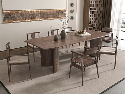 Modern Chinese Style Solid Wooden Dining Table Set With Six Matching Chairs And Decorative Vases 3d model