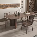Modern Chinese Style Solid Wooden Dining Table Set With Six Matching Chairs And Decorative Vases