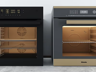 Modern Black And Gold Kitchen Ovens With Open Doors Displaying Interior Shelves And Lighting 3d model