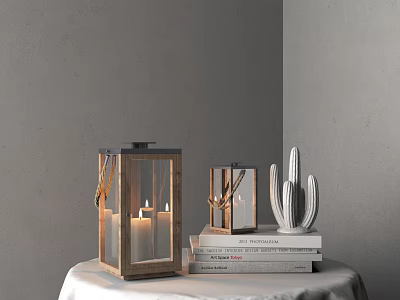 Wooden Lanterns And White Cactus Decorative Ornament Set On Stacked Books With Gray Wall Table Background 3d model