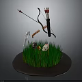 Traditional Hunting Weapons Including Bow Arrows And Axe With Skull On Green Grass