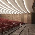 Modern Conference Room With Stepped Red Seats Wooden Walls And Ceiling Lighting