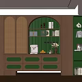 Elegant Wooden Sideboard With Green Drawers And Built In Bookshelves In Modern Interior