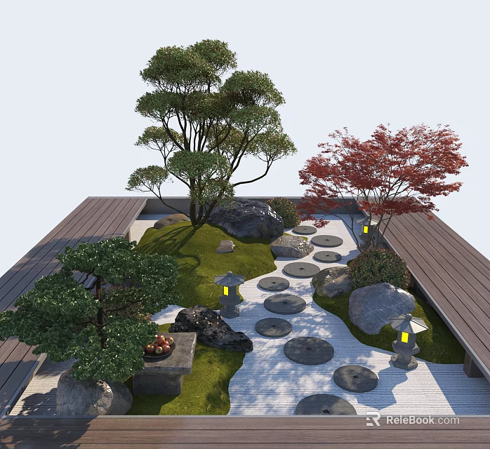 Tranquil Courtyard Garden With Green Trees Red Maple Stepping Stone Path And Stone Lanterns 3d model 