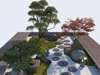 Tranquil Courtyard Garden With Green Trees Red Maple Stepping Stone Path And Stone Lanterns 3d model