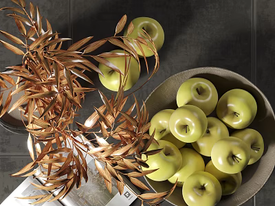 Green Apples in Bowl with Golden Leaves on Dark Tiles Background 3d model