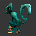 Vivid 3D Green Monkey Character Sitting With Long Tail And Orange Paws