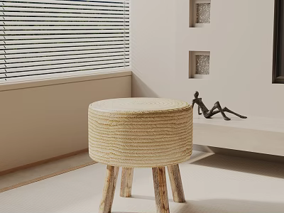 Round Woven Side Table With Wooden Legs In Minimalist Interior Space 3d model